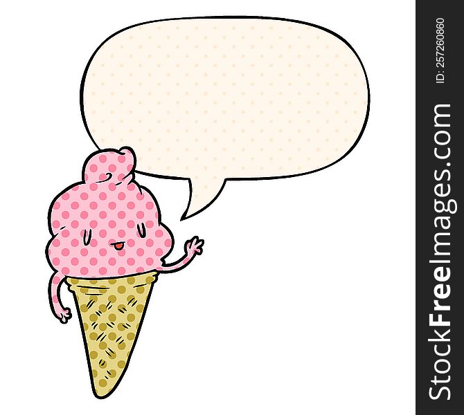 Cute Cartoon Ice Cream And Speech Bubble In Comic Book Style
