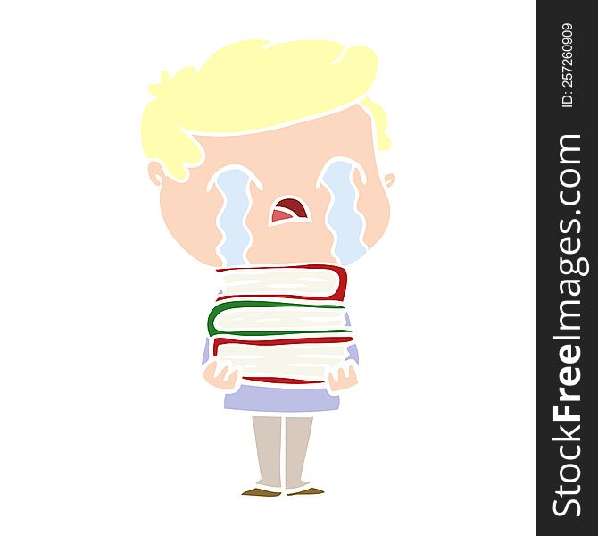 flat color style cartoon man crying over stack of books
