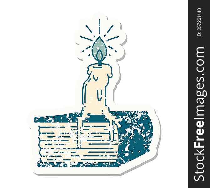 Grunge Sticker Of Tattoo Style Candle Melting On Book