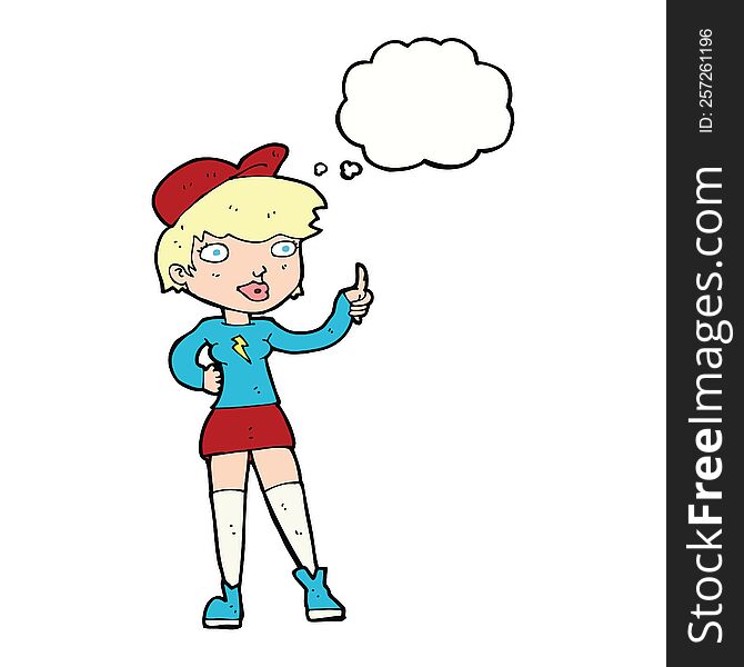 cartoon skater girl giving thumbs up symbol with thought bubble