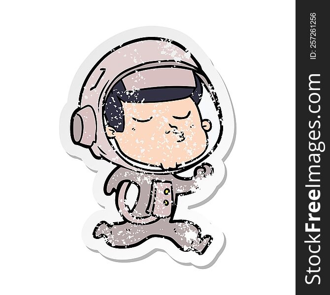 Distressed Sticker Of A Cartoon Confident Astronaut Running