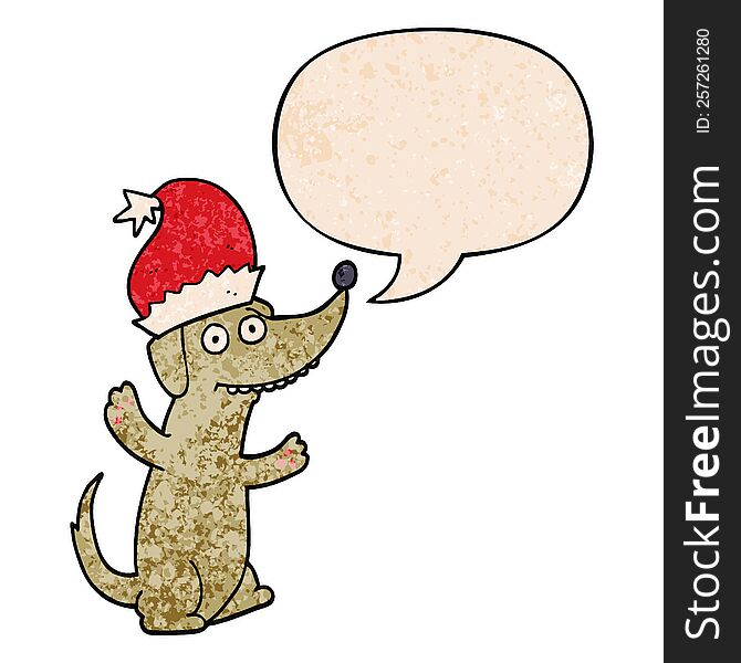 Cute Christmas Cartoon Dog And Speech Bubble In Retro Texture Style