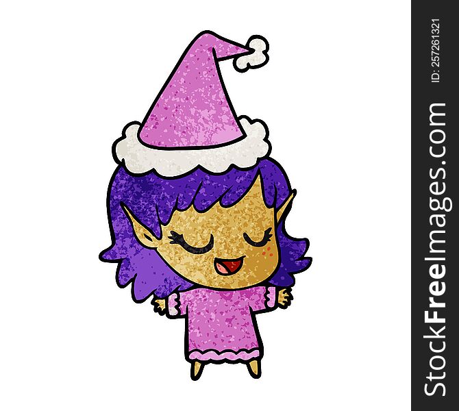happy hand drawn textured cartoon of a elf girl wearing santa hat. happy hand drawn textured cartoon of a elf girl wearing santa hat