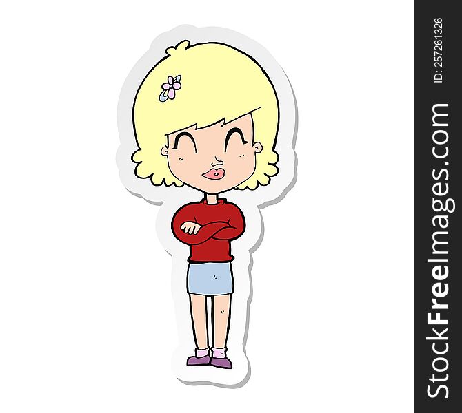 Sticker Of A Cartoon Happy Woman With Folded Arms