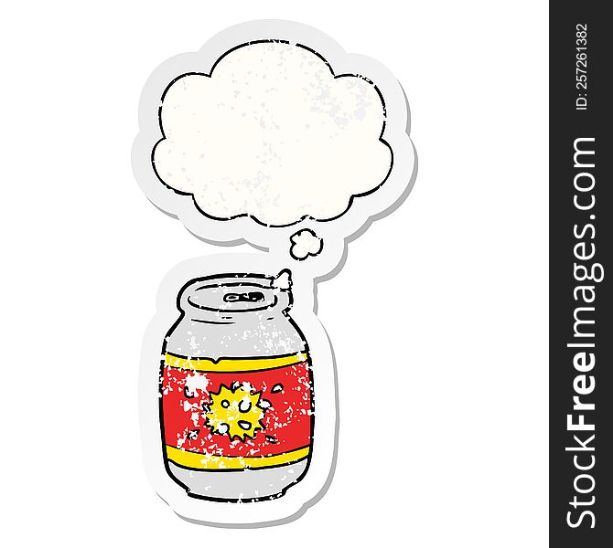 cartoon soda can with thought bubble as a distressed worn sticker