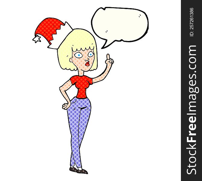 freehand drawn comic book speech bubble cartoon woman wearing christmas hat