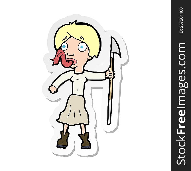 sticker of a cartoon woman with spear sticking out tongue