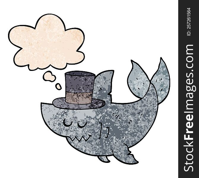 Cartoon Shark Wearing Top Hat And Thought Bubble In Grunge Texture Pattern Style
