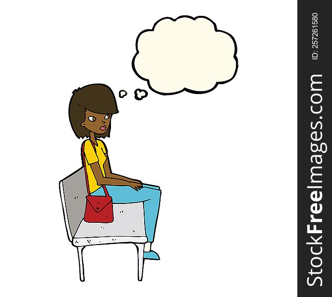 cartoon woman sitting on bench with thought bubble