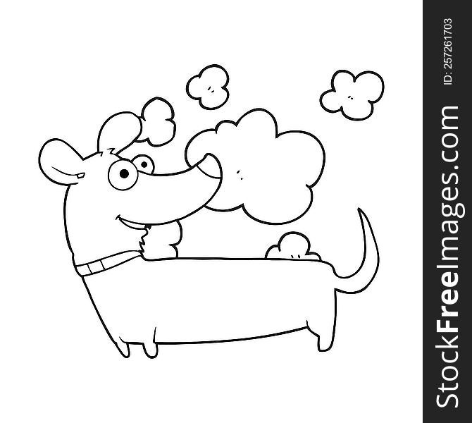 freehand drawn black and white cartoon happy dog