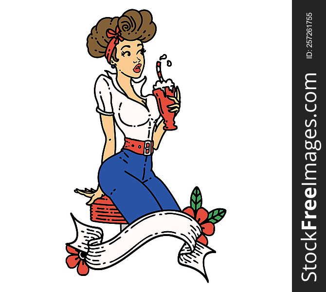 Traditional Tattoo Of A Pinup Girl Drinking A Milkshake With Banner