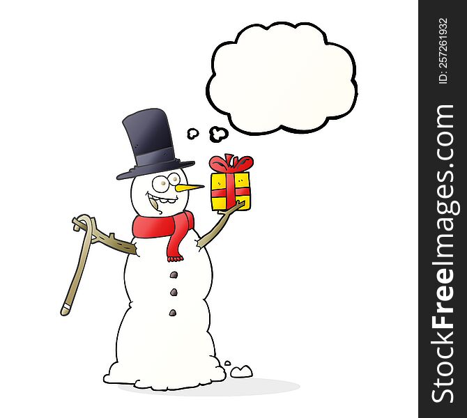 freehand drawn thought bubble cartoon snowman holding present