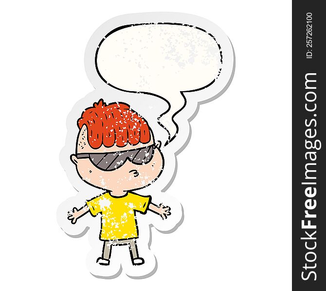 Cartoon Boy Wearing Sunglasses And Speech Bubble Distressed Sticker