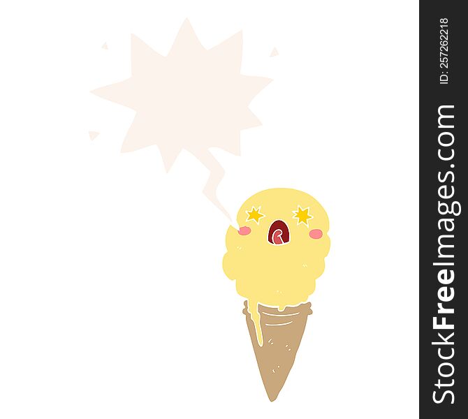 Cartoon Shocked Ice Cream And Speech Bubble In Retro Style