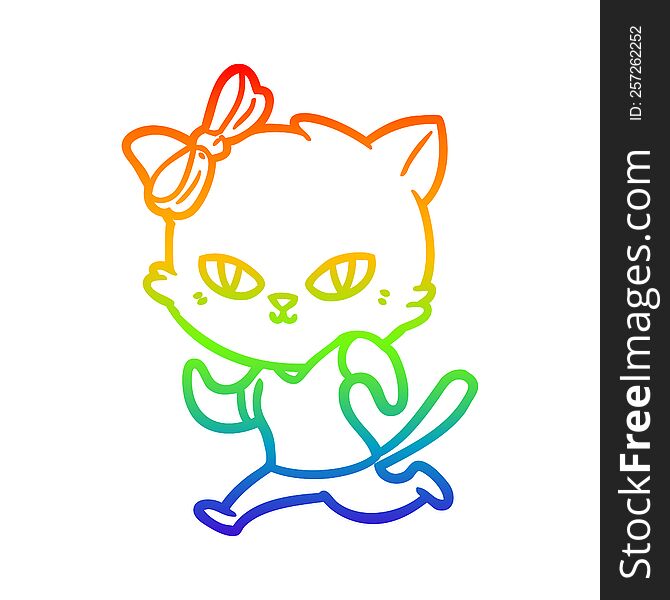 rainbow gradient line drawing of a cute cartoon cat jogging
