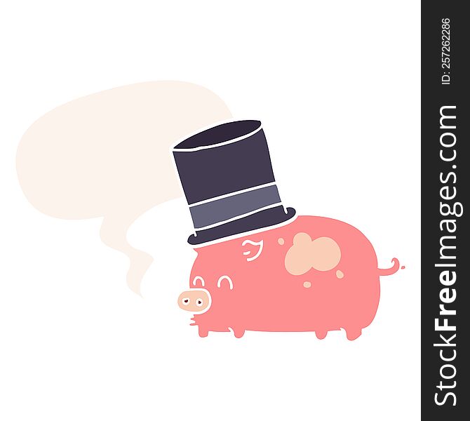 cartoon pig wearing top hat with speech bubble in retro style