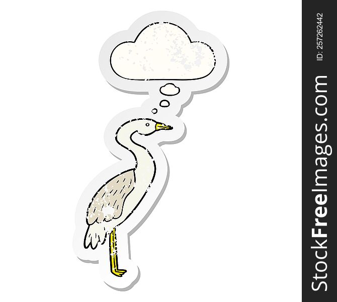 cartoon stork with thought bubble as a distressed worn sticker