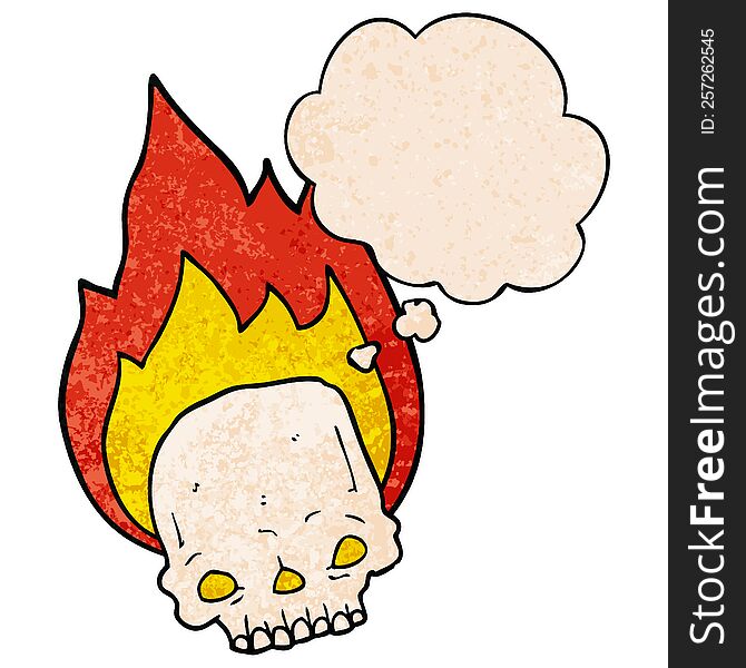 Spooky Cartoon Flaming Skull And Thought Bubble In Grunge Texture Pattern Style