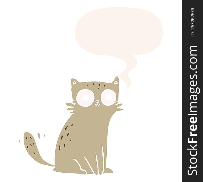 cartoon staring cat with speech bubble in retro style
