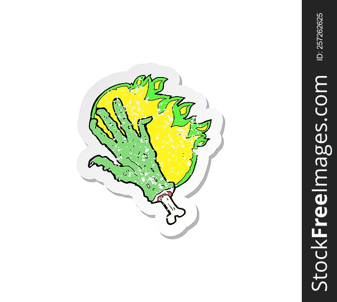 Retro Distressed Sticker Of A Cartoon Gross Flaming Zombie Hand
