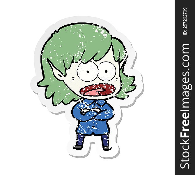 Distressed Sticker Of A Cartoon Shocked Elf Girl