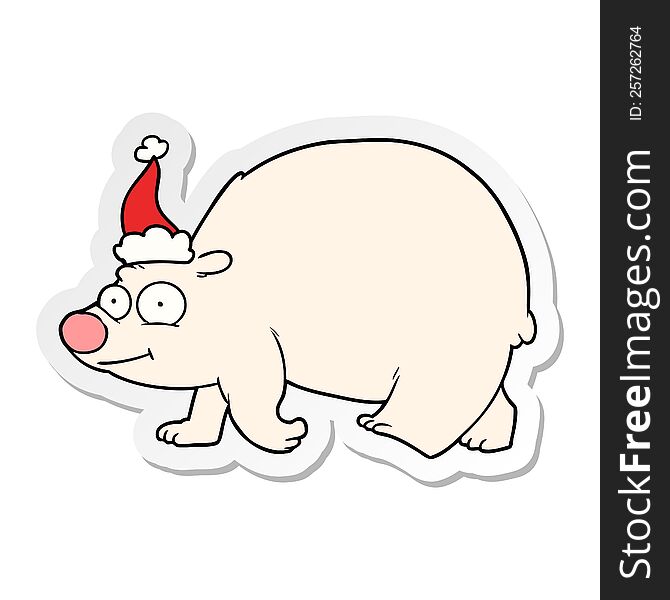 hand drawn sticker cartoon of a walking polar bear wearing santa hat