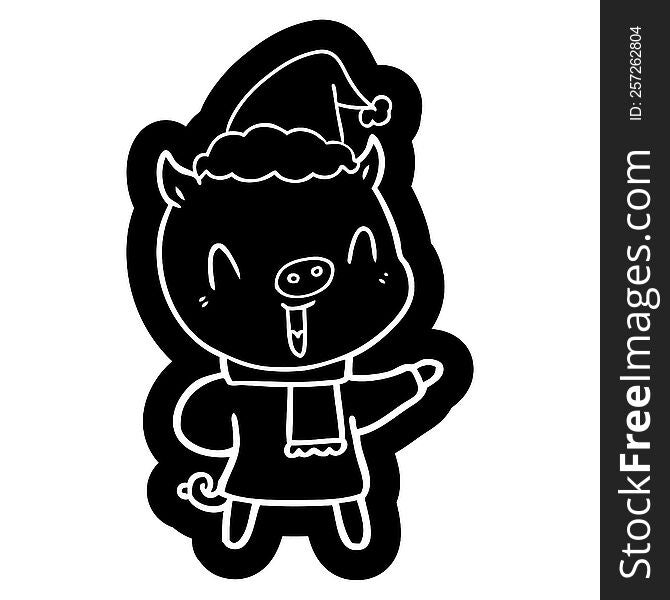 happy quirky cartoon icon of a pig in winter clothes wearing santa hat