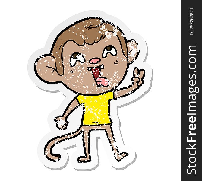 Distressed Sticker Of A Crazy Cartoon Monkey Giving Peace Sign