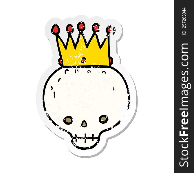 distressed sticker of a cartoon skull with crown