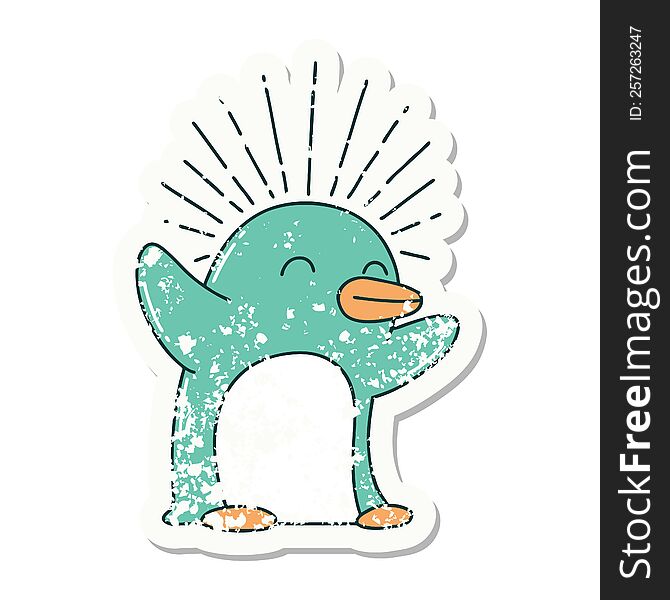 Grunge Sticker Of Tattoo Style Happy Penguin
