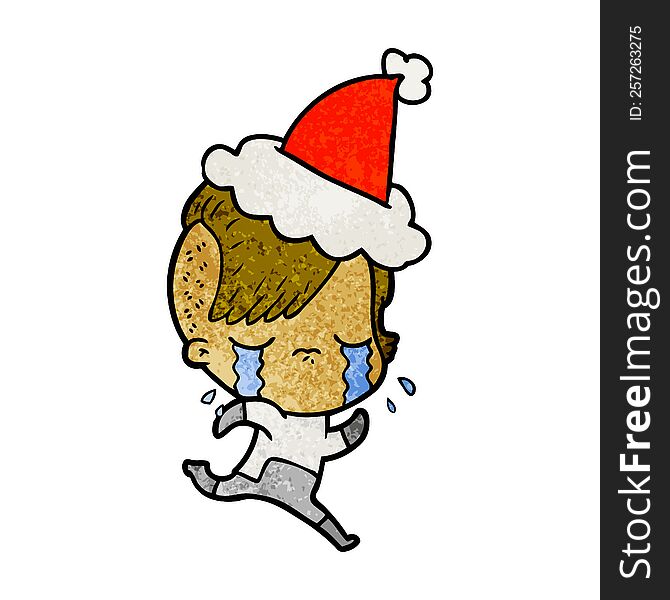 textured cartoon of a crying girl wearing space clothes wearing santa hat