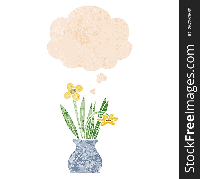 Cartoon Flower In Pot And Thought Bubble In Retro Textured Style