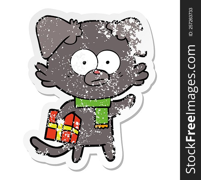 distressed sticker of a nervous dog cartoon with gift
