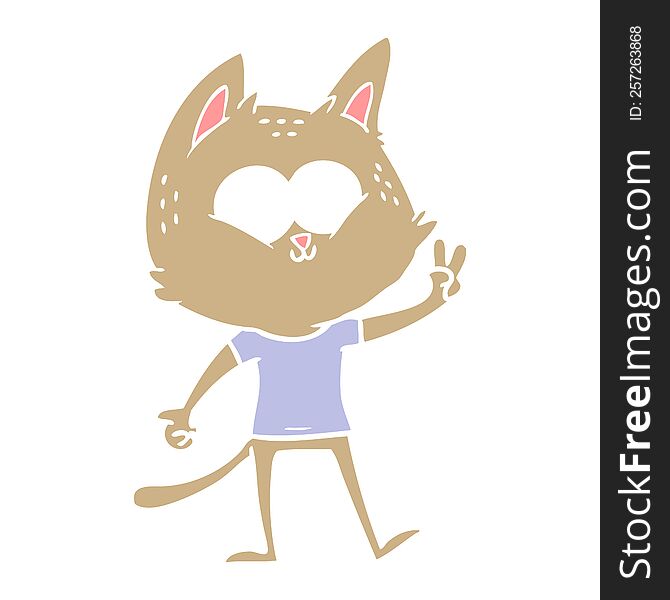 Flat Color Style Cartoon Cat Giving Peace Sign