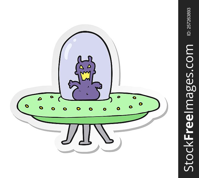 Sticker Of A Cartoon Alien In Flying Saucer
