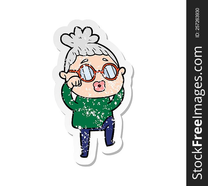 distressed sticker of a cartoon tired woman wearing spectacles