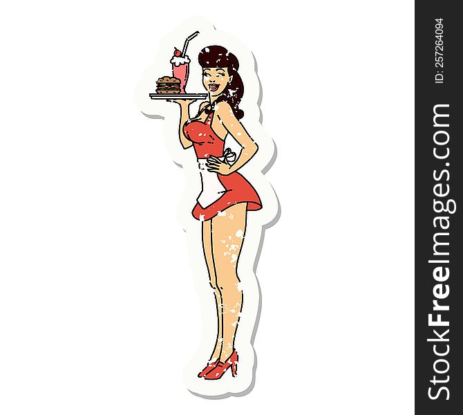 distressed sticker tattoo of a pinup waitress girl