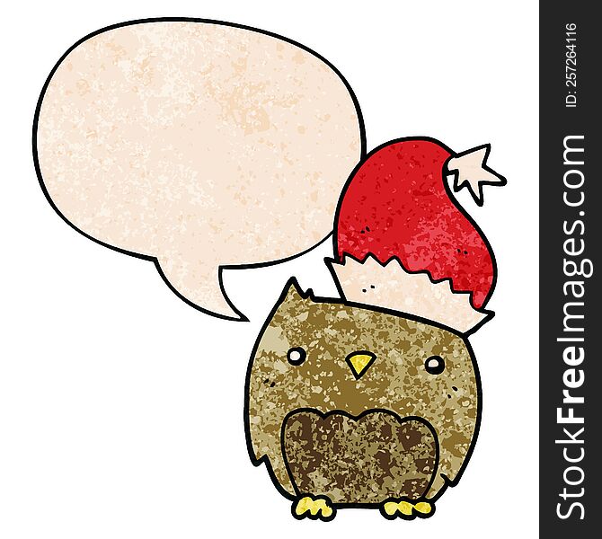 Cute Christmas Owl And Speech Bubble In Retro Texture Style