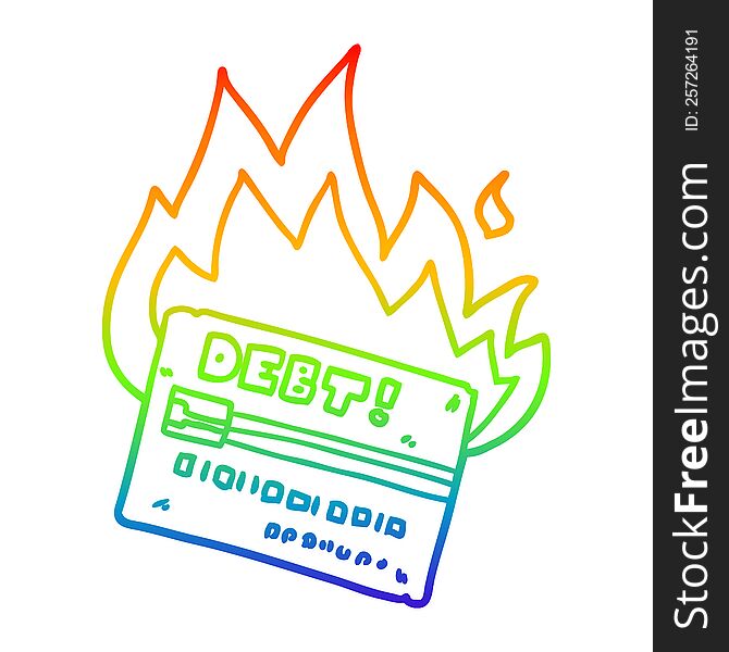 rainbow gradient line drawing of a burning credit card cartoon