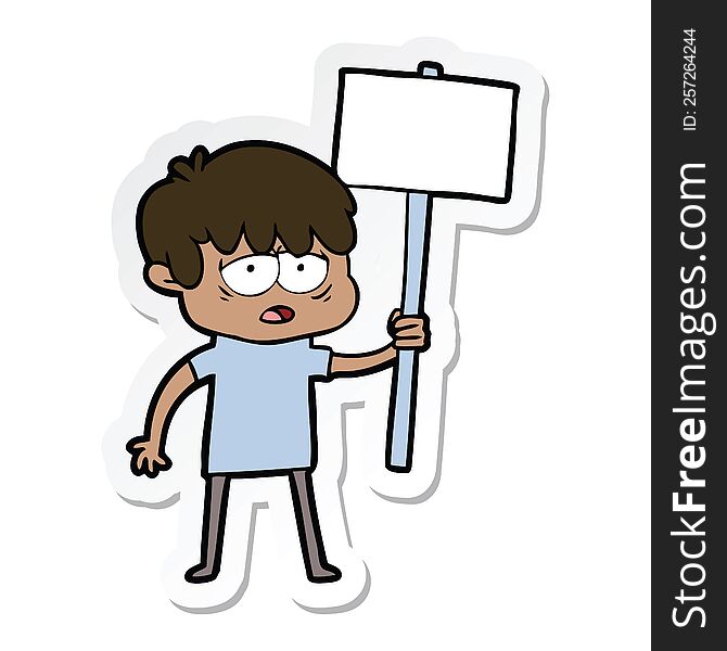 Sticker Of A Cartoon Exhausted Boy With Placard