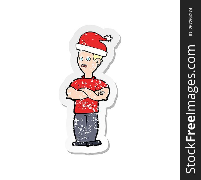 Retro Distressed Sticker Of A Cartoon Man Ready For Christmas