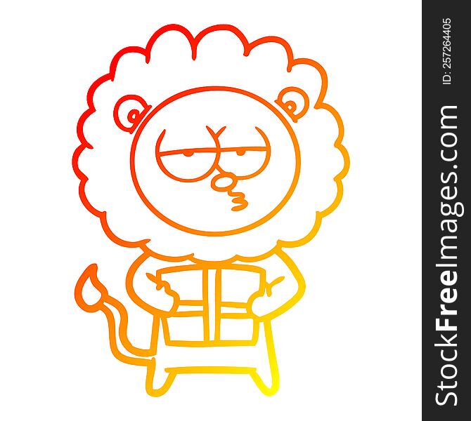 Warm Gradient Line Drawing Cartoon Bored Lion With Present