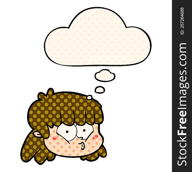 cartoon female face with thought bubble in comic book style