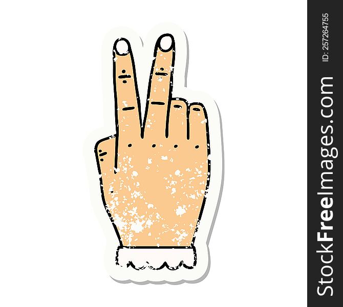 grunge sticker of a hand raising two fingers gesture. grunge sticker of a hand raising two fingers gesture