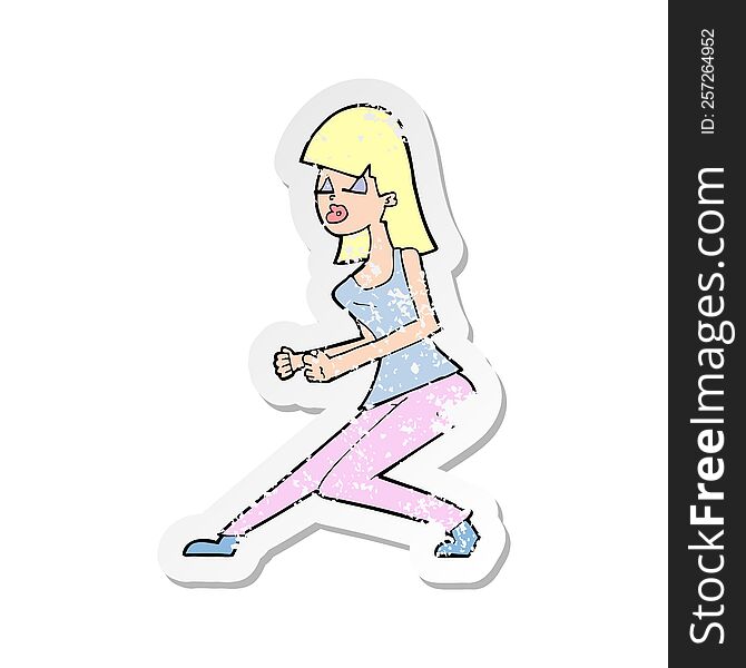 retro distressed sticker of a cartoon crazy dancing girl