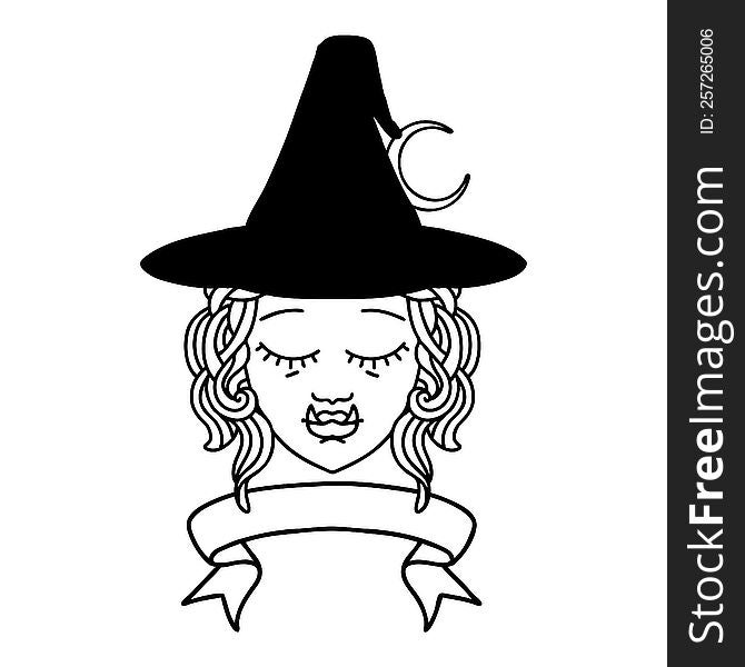 Black and White Tattoo linework Style half orc witch character face with banner. Black and White Tattoo linework Style half orc witch character face with banner