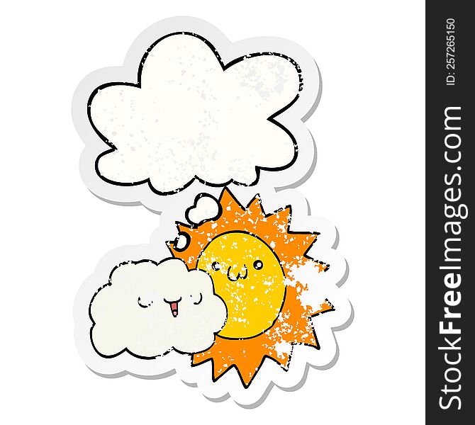 Cartoon Sun And Cloud And Thought Bubble As A Distressed Worn Sticker