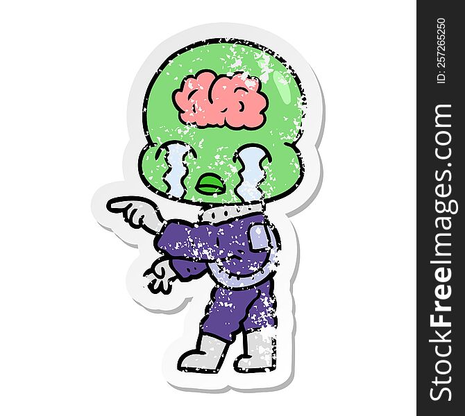 distressed sticker of a cartoon big brain alien crying and pointing