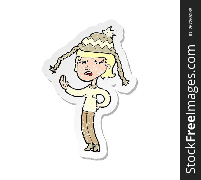 retro distressed sticker of a cartoon woman wearing winter hat