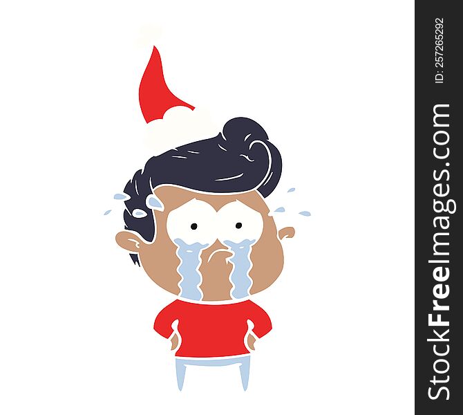 Flat Color Illustration Of A Crying Man Wearing Santa Hat